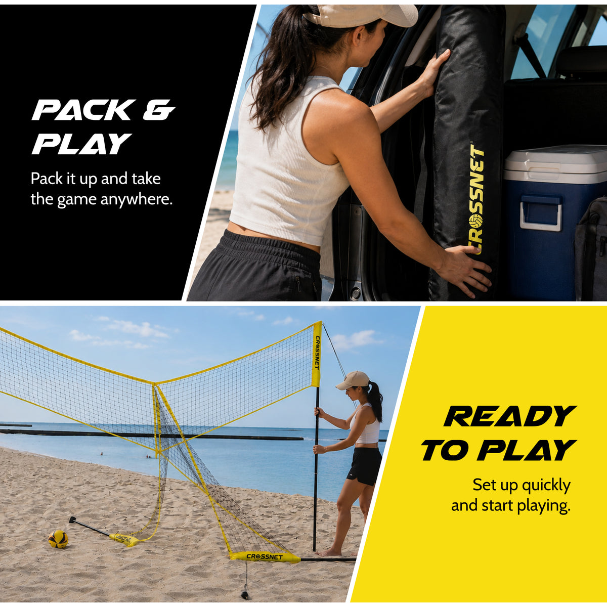 Vivere CROSSNET 4 Square Outdoor Volleyball Game Net Set with Ball, Yellow/White - VMInnovations