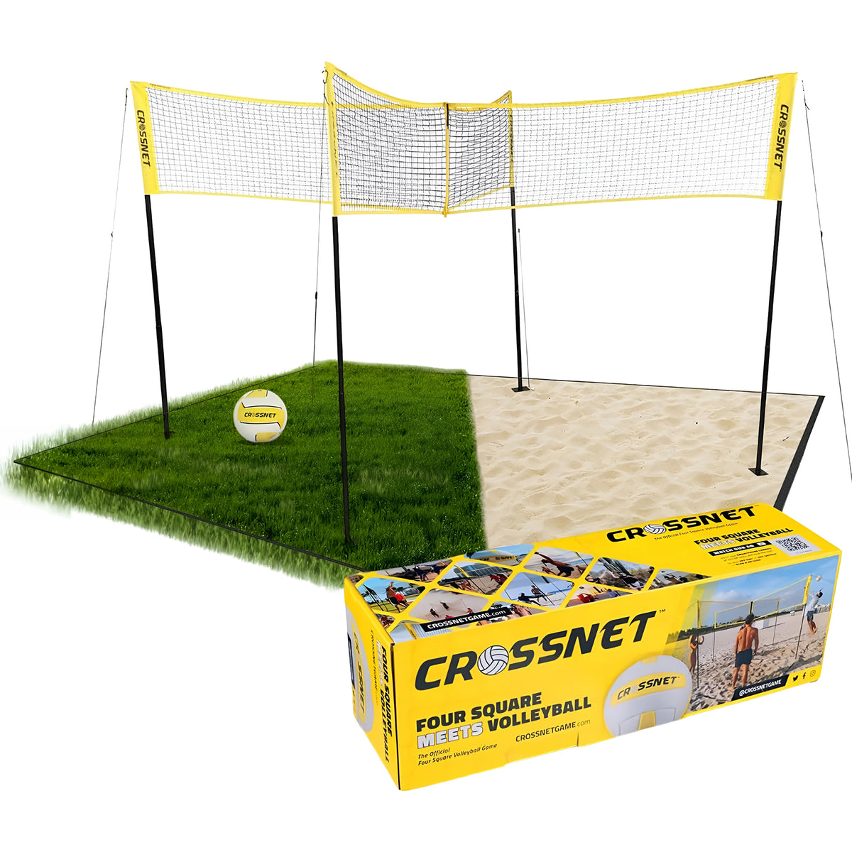 Vivere CROSSNET 4 Square Outdoor Volleyball Game Net Set with Ball, Yellow/White - VMInnovations