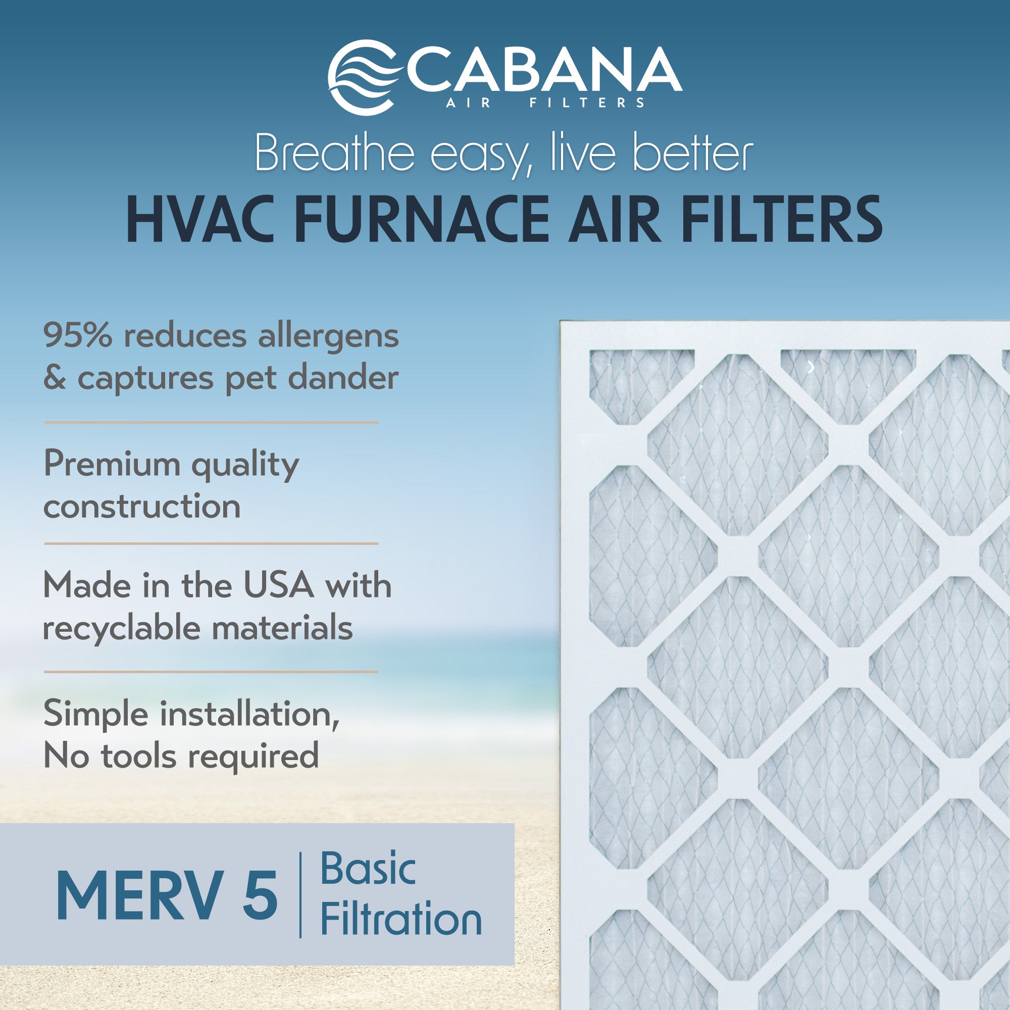 Cabana Air Filters 6 Pack HVAC Furnace Air Filters, MERV 5, 16 x 20 x 1, White - VMInnovations