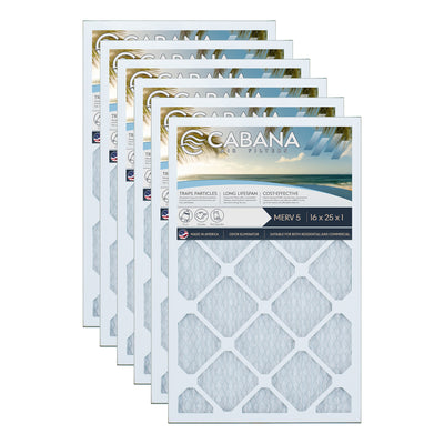 Cabana Air Filters 6 Pack HVAC Furnace Air Filters, MERV 5, 16 x 25 x 1, White - VMInnovations