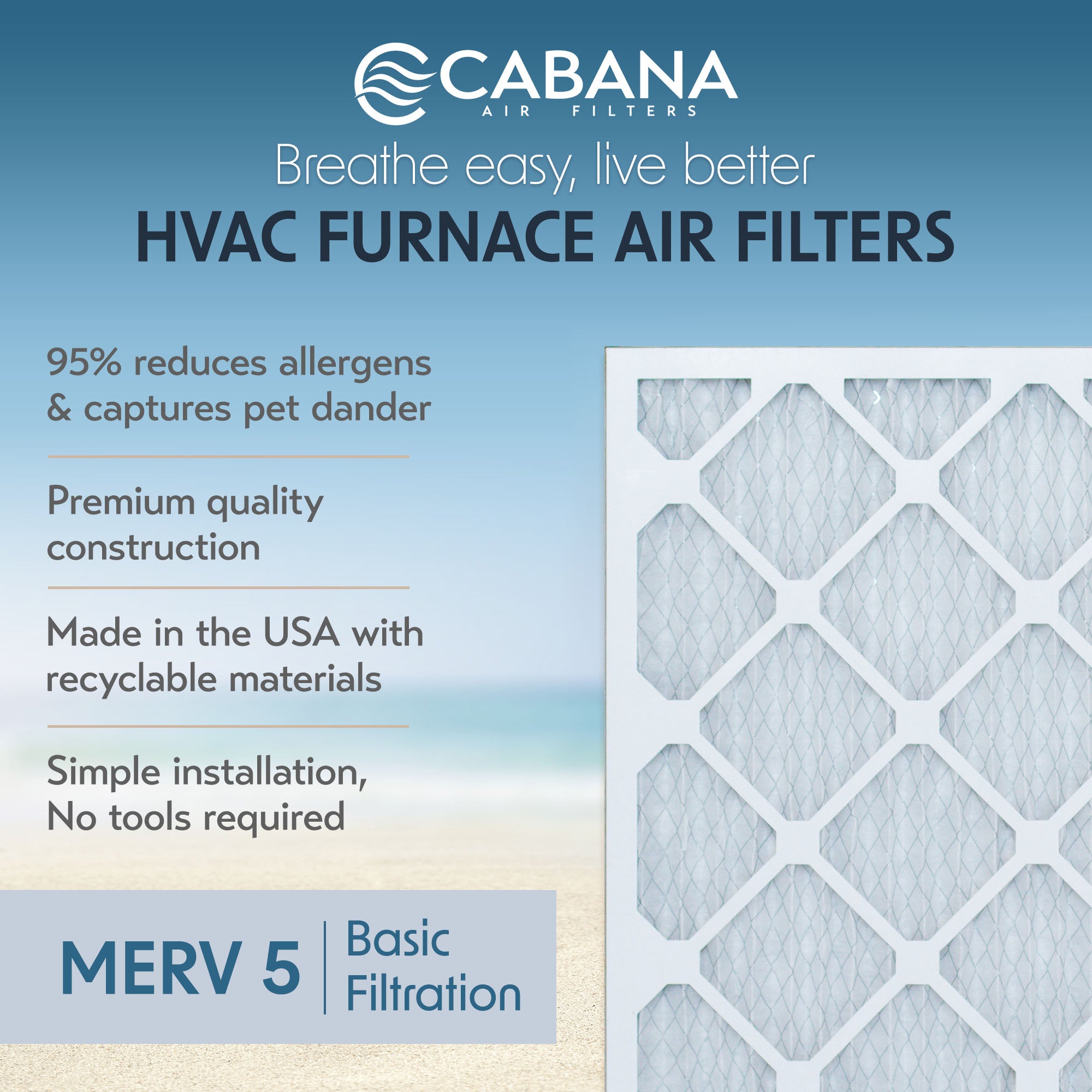 Cabana Air Filters 6 Pack HVAC Furnace Air Filters, MERV 5, 20 x 20 x 1, White - VMInnovations