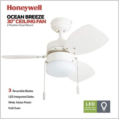 Honeywell Ocean Breeze 30" Indoor Ceiling Fan with Light & Pull Chain(Used)