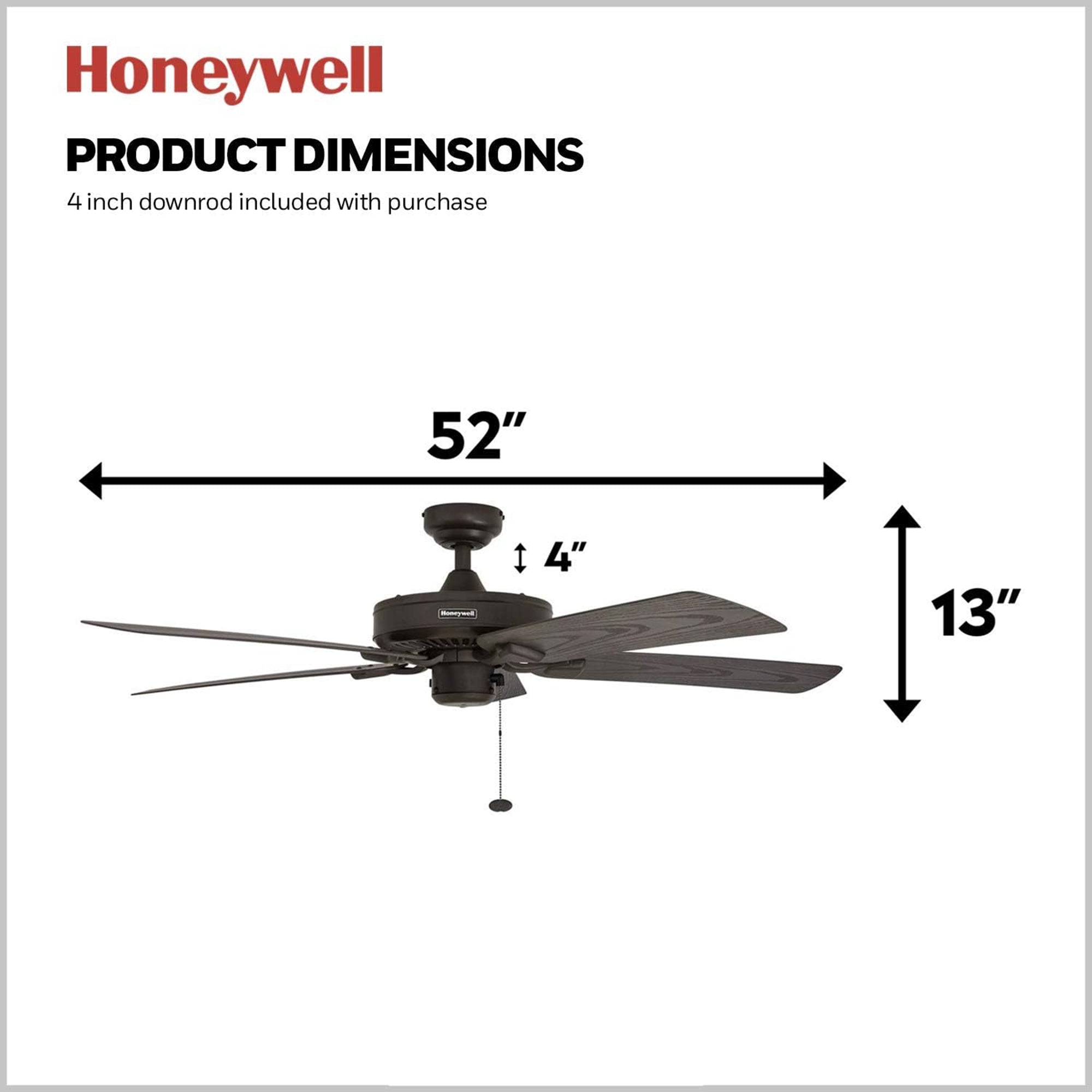 Honeywell Belmar 52-Inch Outdoor Ceiling Fan, Pull Chain, Tri-Mount, Bronze