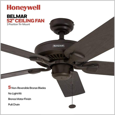 Honeywell Belmar 52-Inch Outdoor Ceiling Fan, Pull Chain, Tri-Mount, Bronze