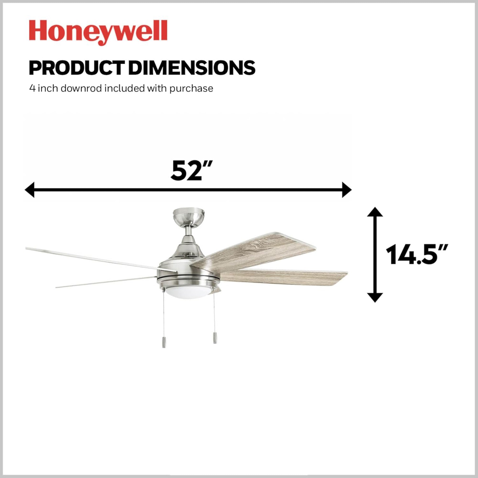 Honeywell Ventnor 52" Modern Farmhouse LED Ceiling Fan with Pull Chain, Nickel