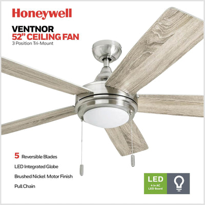 Honeywell Ventnor 52" Modern Farmhouse LED Ceiling Fan with Pull Chain, Nickel