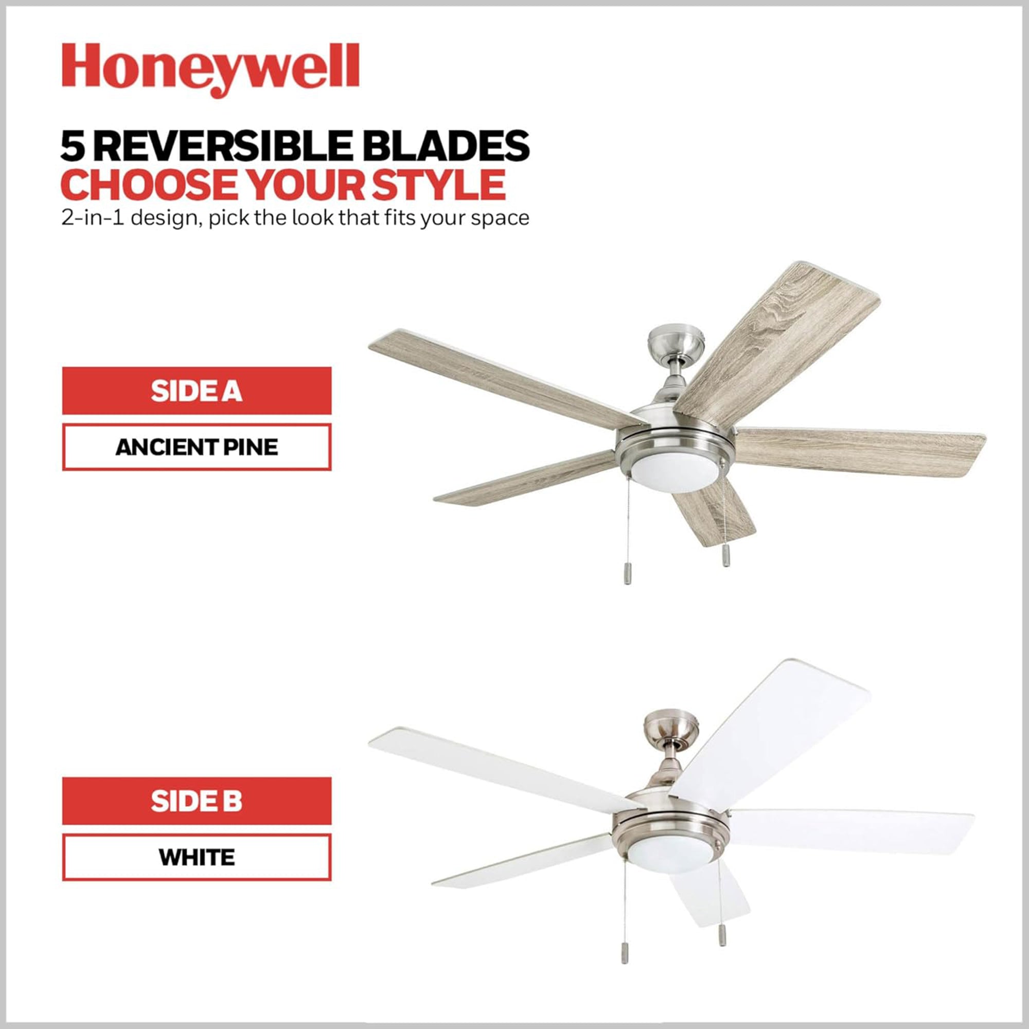 Honeywell Ventnor 52" Modern Farmhouse LED Ceiling Fan with Pull Chain, Nickel