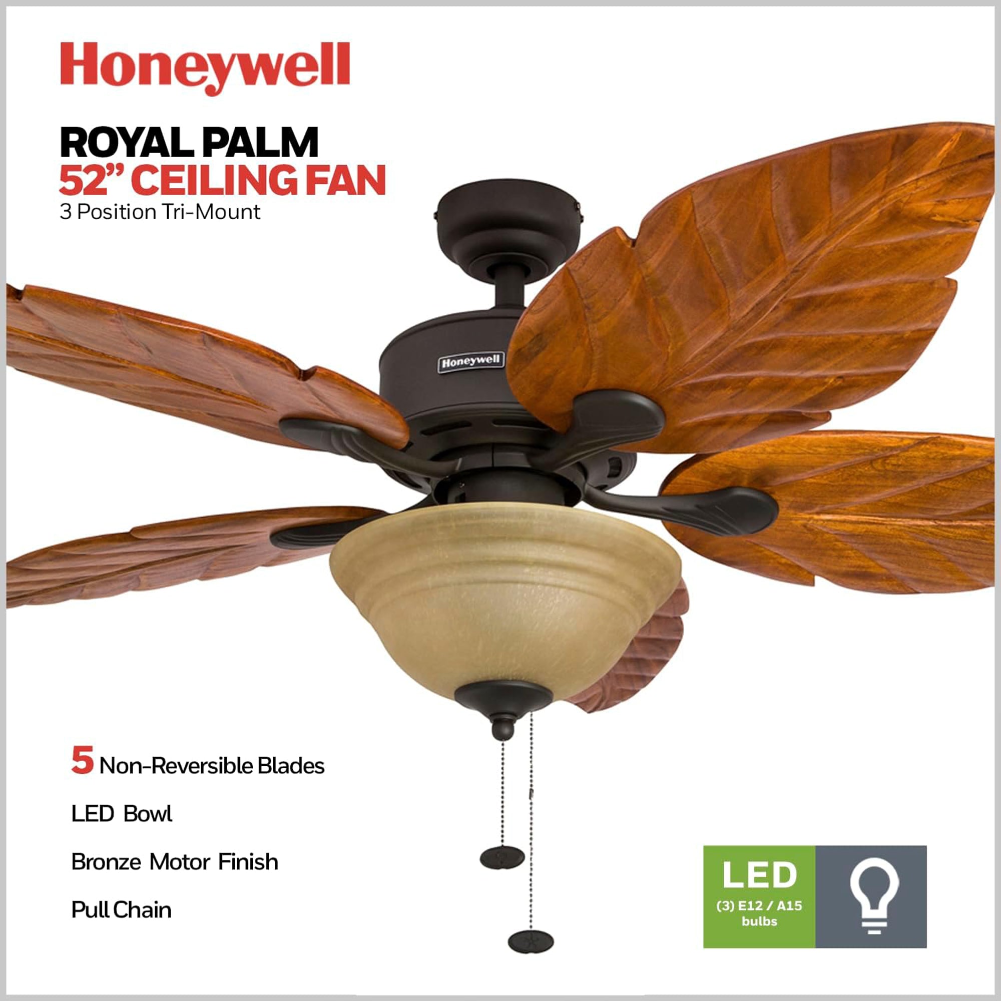 Honeywell Sabal Palm 52-Inch Tropical Ceiling Fan with Light, 5 Blades, Bronze