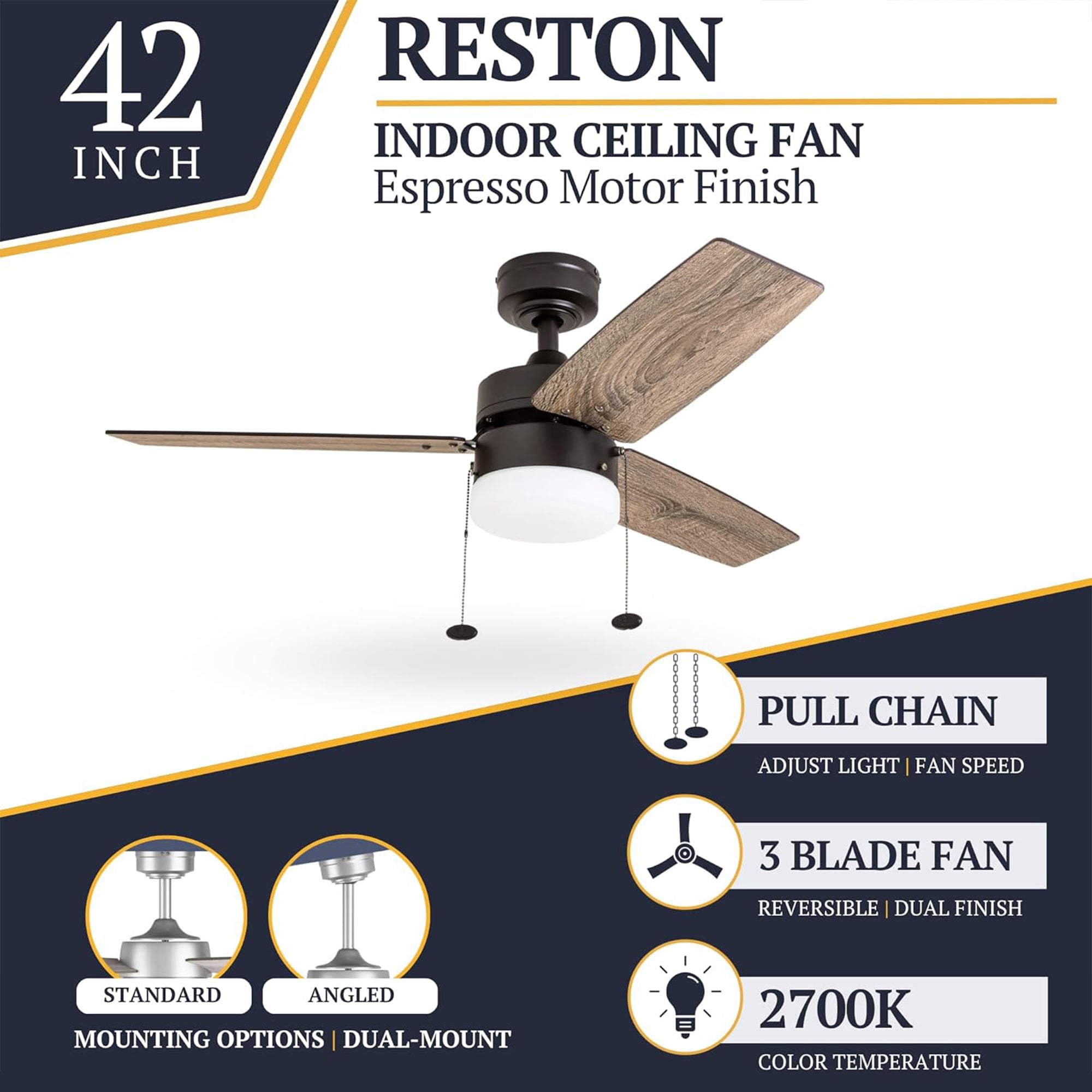 Prominence Home 42" Reston Ceiling Fan w/ Light, Pull Chain, & 3 Blades, Bronze
