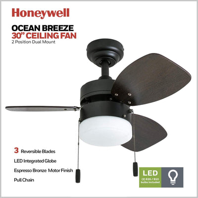 Honeywell Ocean Breeze 30" Indoor Ceiling Fan with Light & Pull Chain, Bronze