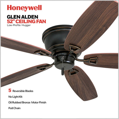Honeywell Glen Alden 52" Indoor Low Profile Ceiling Fan, Rubbed Bronze(Open Box)