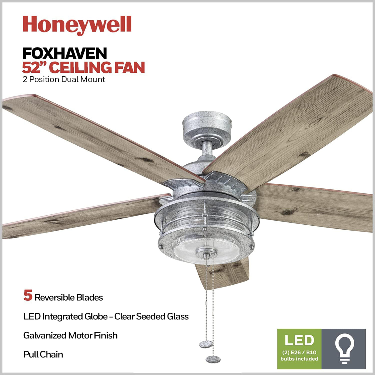 Honeywell Foxhaven 52-Inch Indoor/Outdoor Farmhouse LED Ceiling Fan, (Open Box)