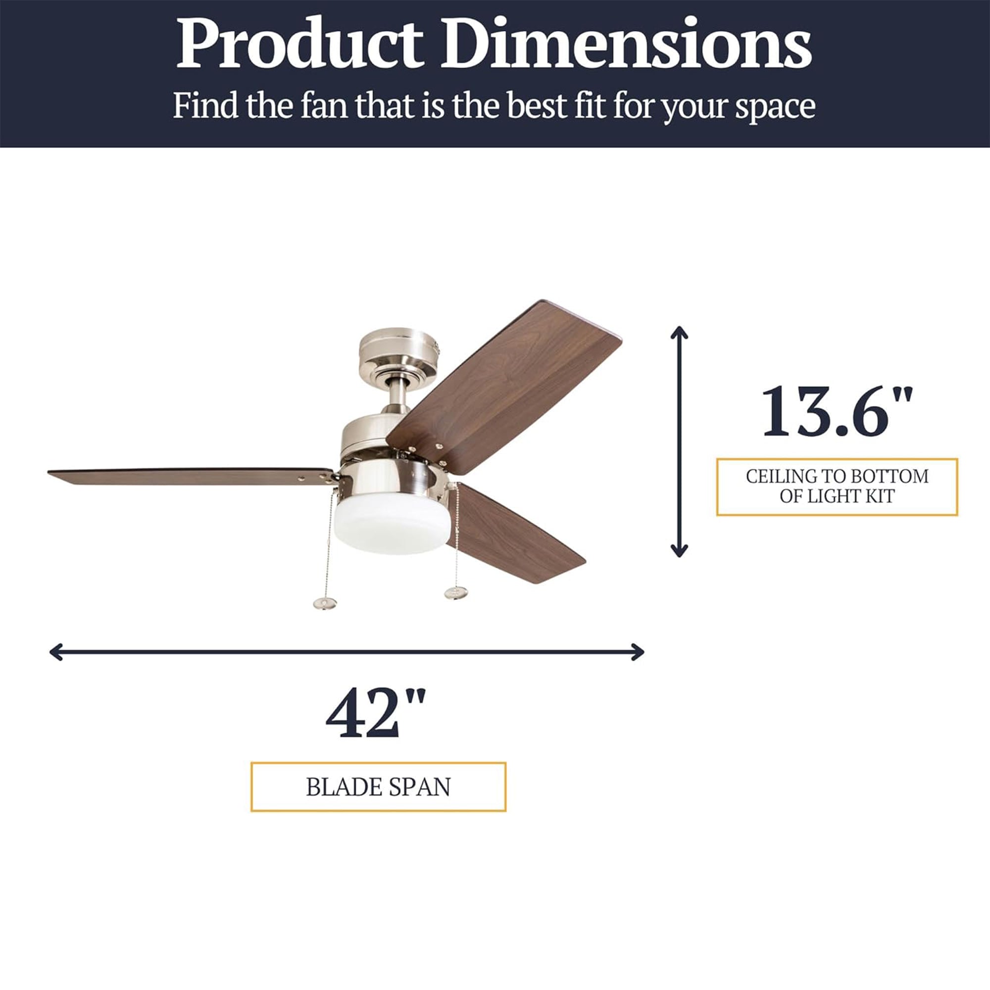 Prominence Home 42" Reston Ceiling Fan with Light, Pull Chain & 3 Blades, Nickel - VMInnovations