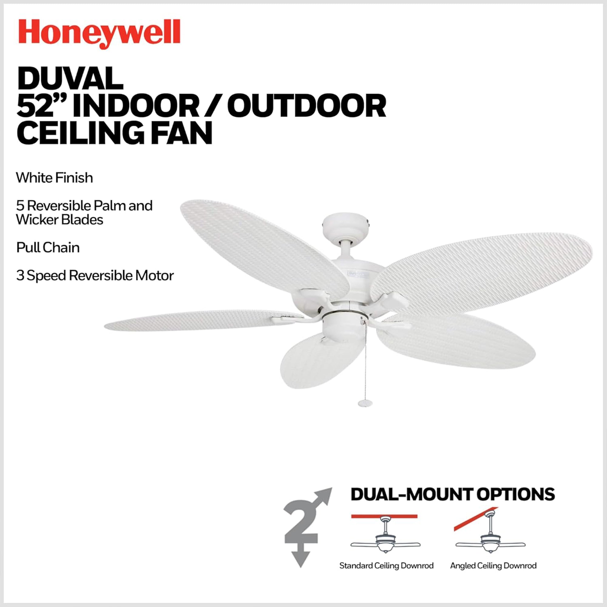 Honeywell Duval 52-Inch Tropical Indoor Outdoor Ceiling Fan, Pull Chain, White - VMInnovations
