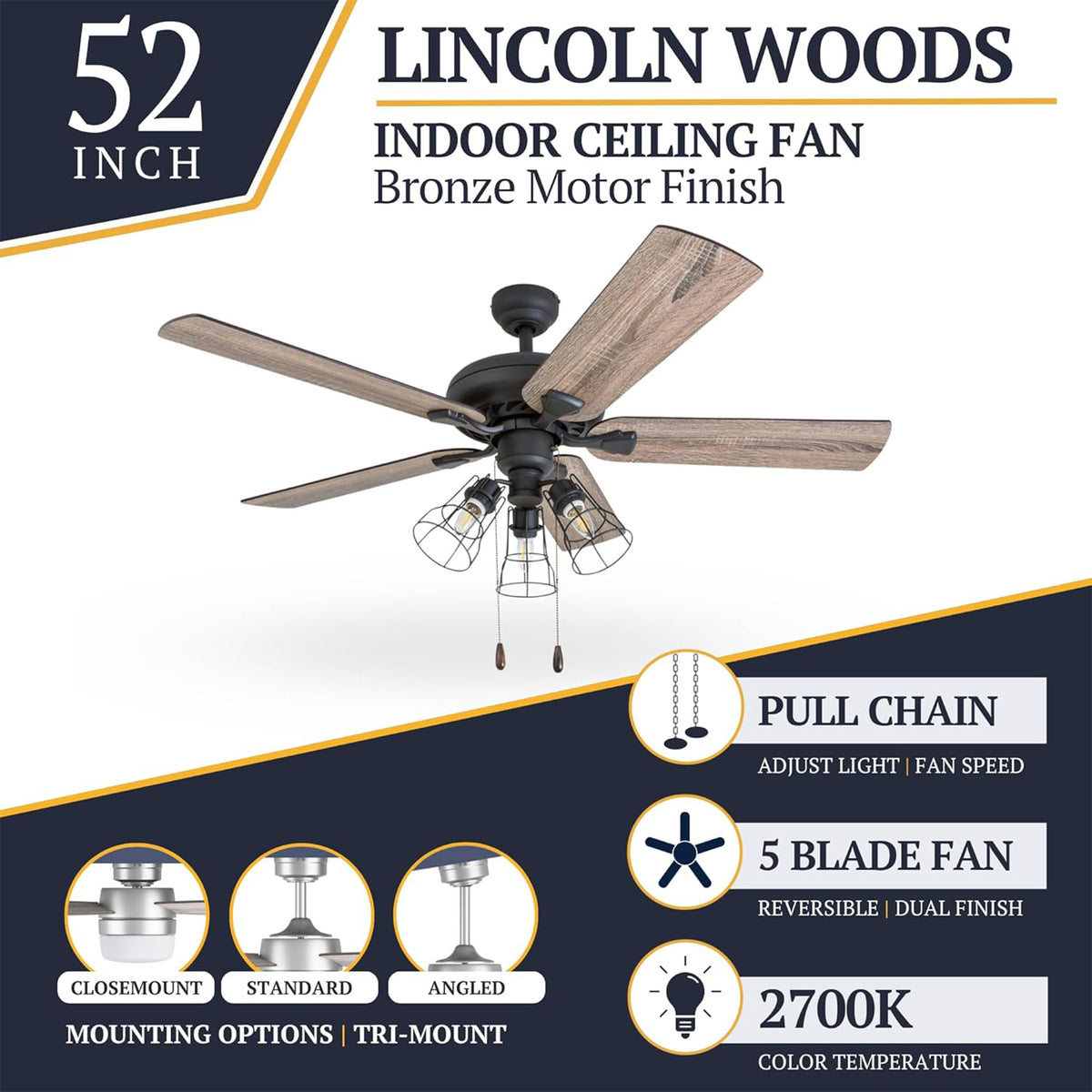 Prominence Home Lincoln Woods 52" Ceiling Fan with Light, Pull Chain, (Open Box)