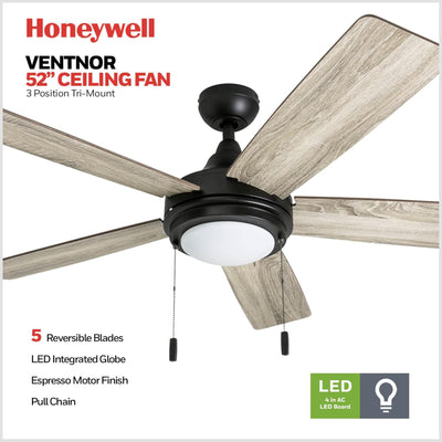 Honeywell Ventnor 52" Modern Farmhouse LED Ceiling Fan with Pull Chain, Bronze - VMInnovations