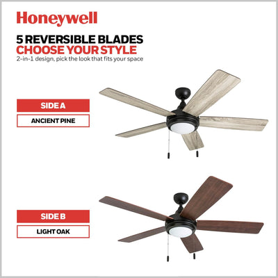 Honeywell Ventnor 52" Modern Farmhouse LED Ceiling Fan with Pull Chain, Bronze - VMInnovations