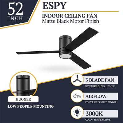 Prominence Home Espy 52 Inch Indoor LED Ceiling Fan with Light, Matte Black - VMInnovations