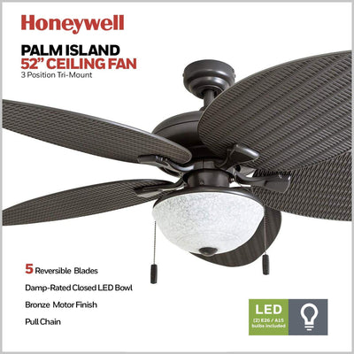 Honeywell Inland Breeze 52" Tropical Indoor Outdoor Ceiling Fan w/ Light, Bronze - VMInnovations