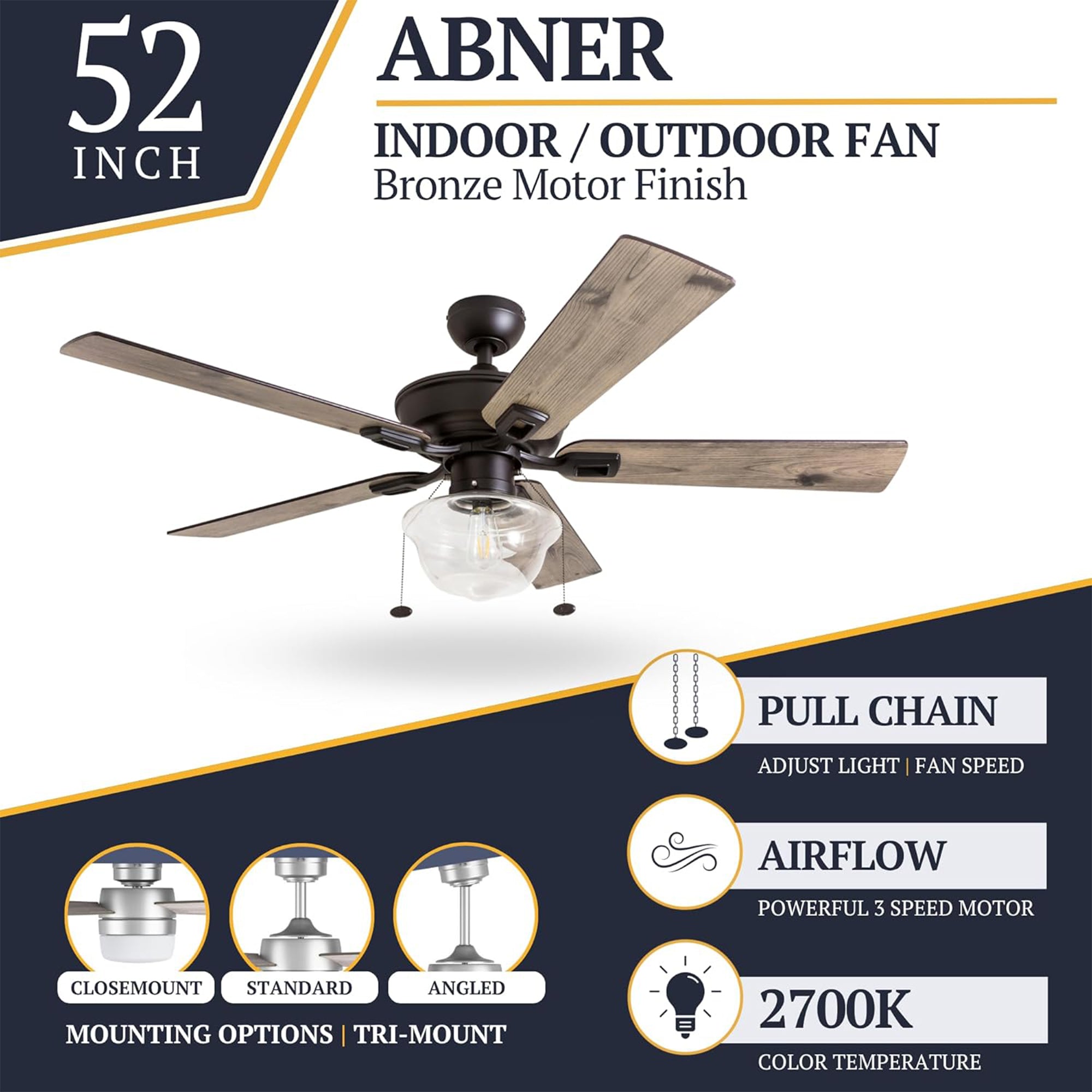 Prominence Home Abner 52" Farmhouse Indoor/Outdoor Ceiling Fan w/ Chain, Bronze - VMInnovations