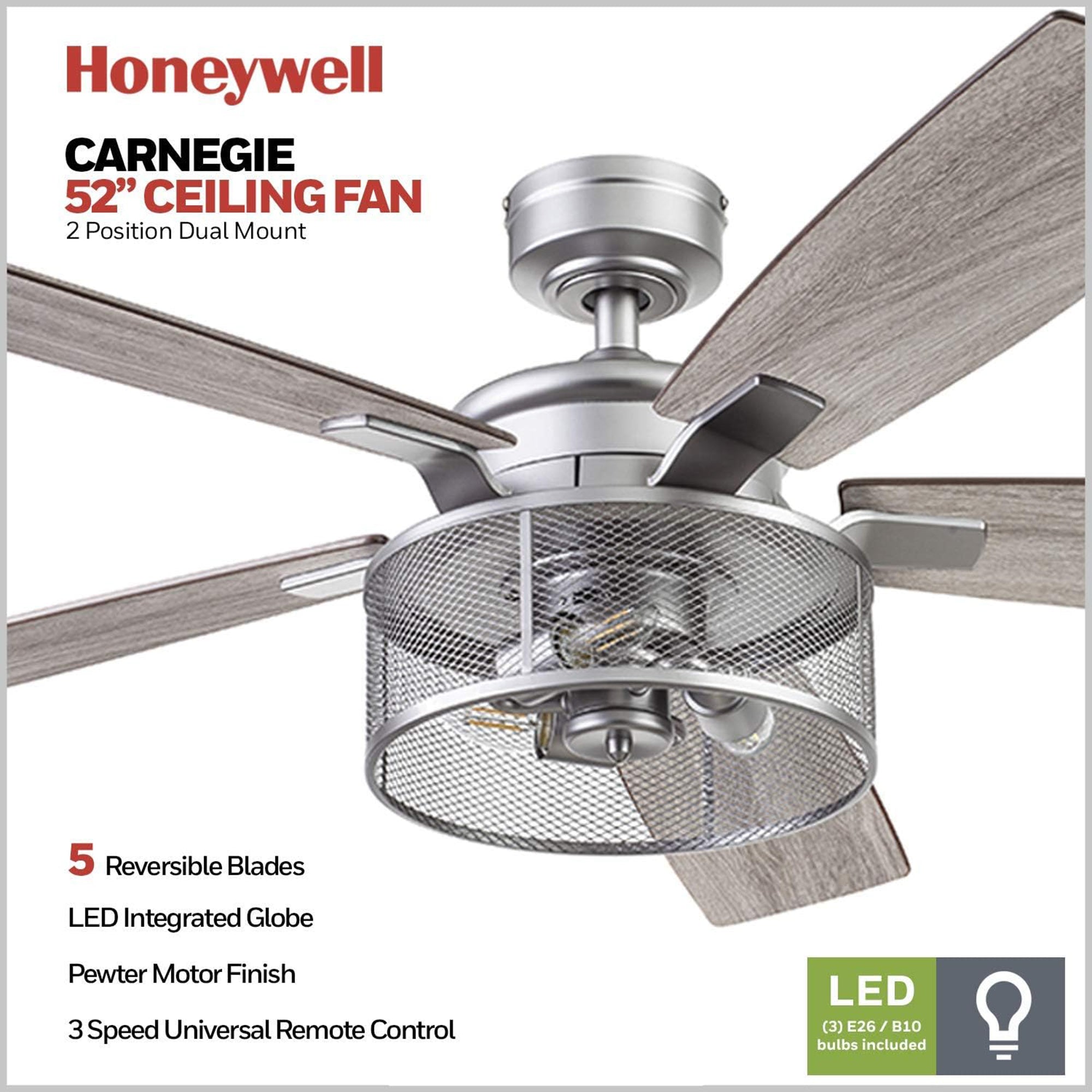 Honeywell Carnegie Ceiling Fan, Quiet Motor and Remote Control, 52", Silver - VMInnovations