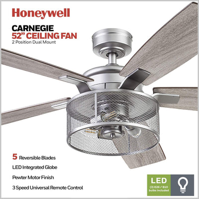 Honeywell Carnegie Ceiling Fan, Quiet Motor and Remote Control, 52", Silver - VMInnovations