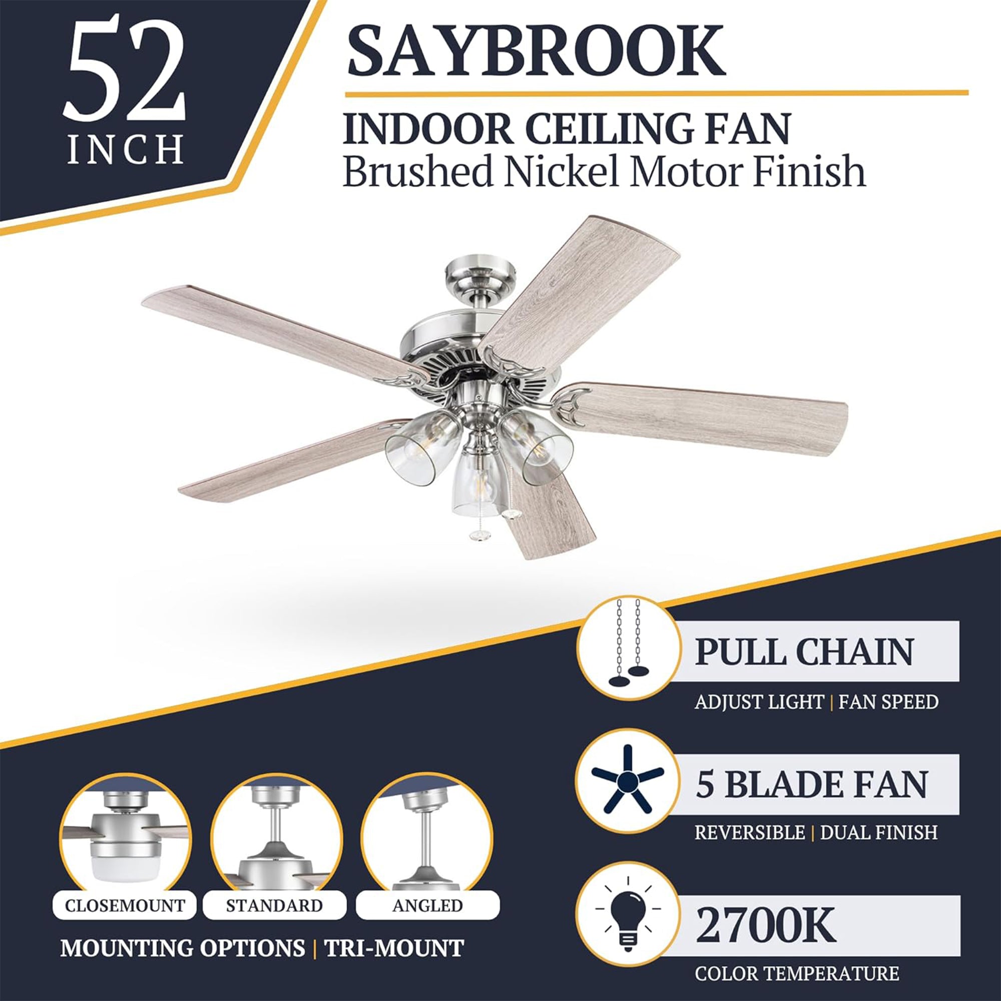Prominence Home Saybrook 52 Inch Farmhouse Ceiling Fan with Light, (Open Box)