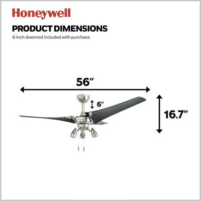 Honeywell Phelix 56 Inch Indoor LED Ceiling Fan with Light & Pull Chain, Nickel - VMInnovations
