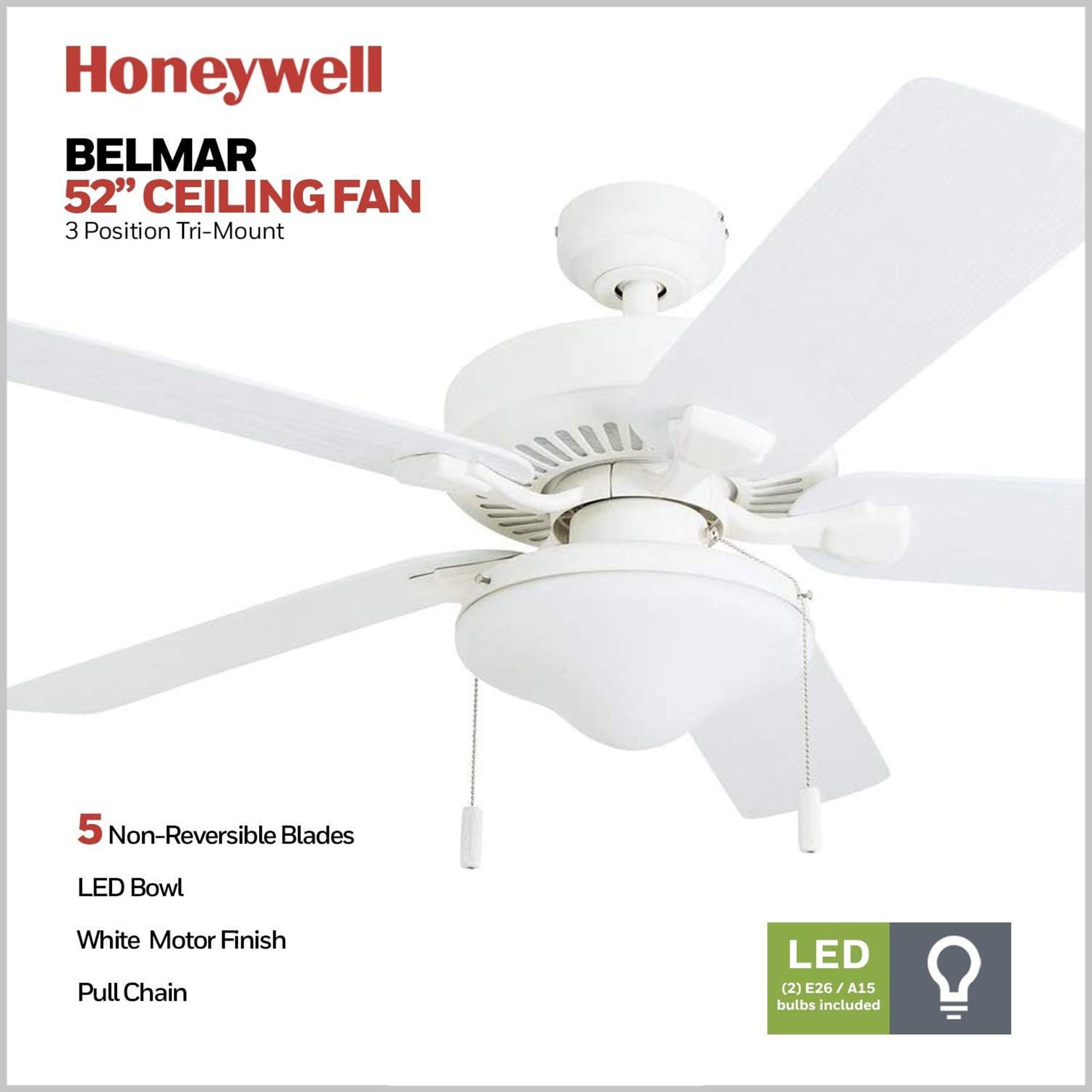 Honeywell Belmar 52 Inch Indoor Outdoor Ceiling Fan with Pull Chain, White - VMInnovations
