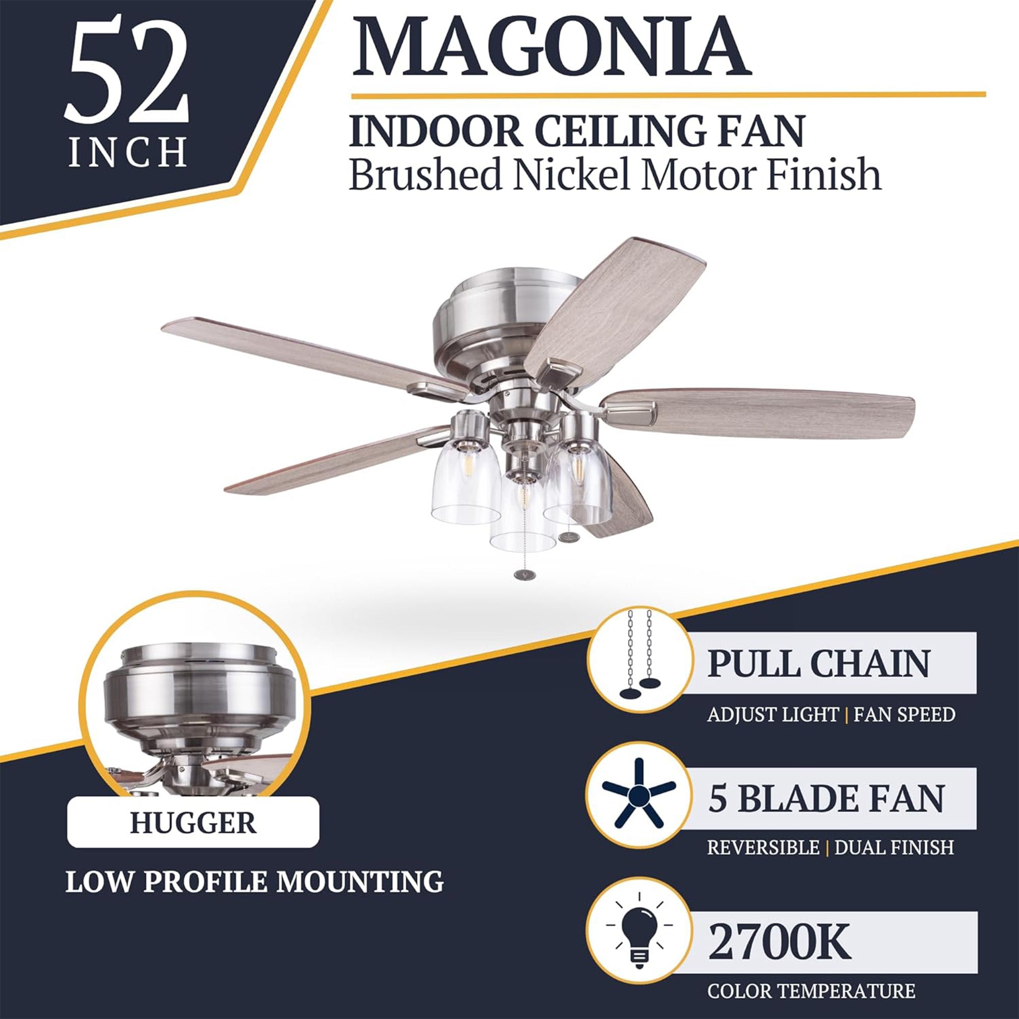 Prominence Home Magonia 52 Inch Ceiling Fan with Pull Chain, Flush Mount, Nickel - VMInnovations