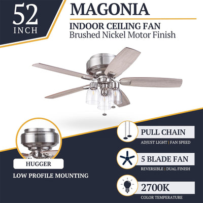 Prominence Home Magonia 52 Inch Ceiling Fan with Pull Chain, Flush Mount, Nickel - VMInnovations