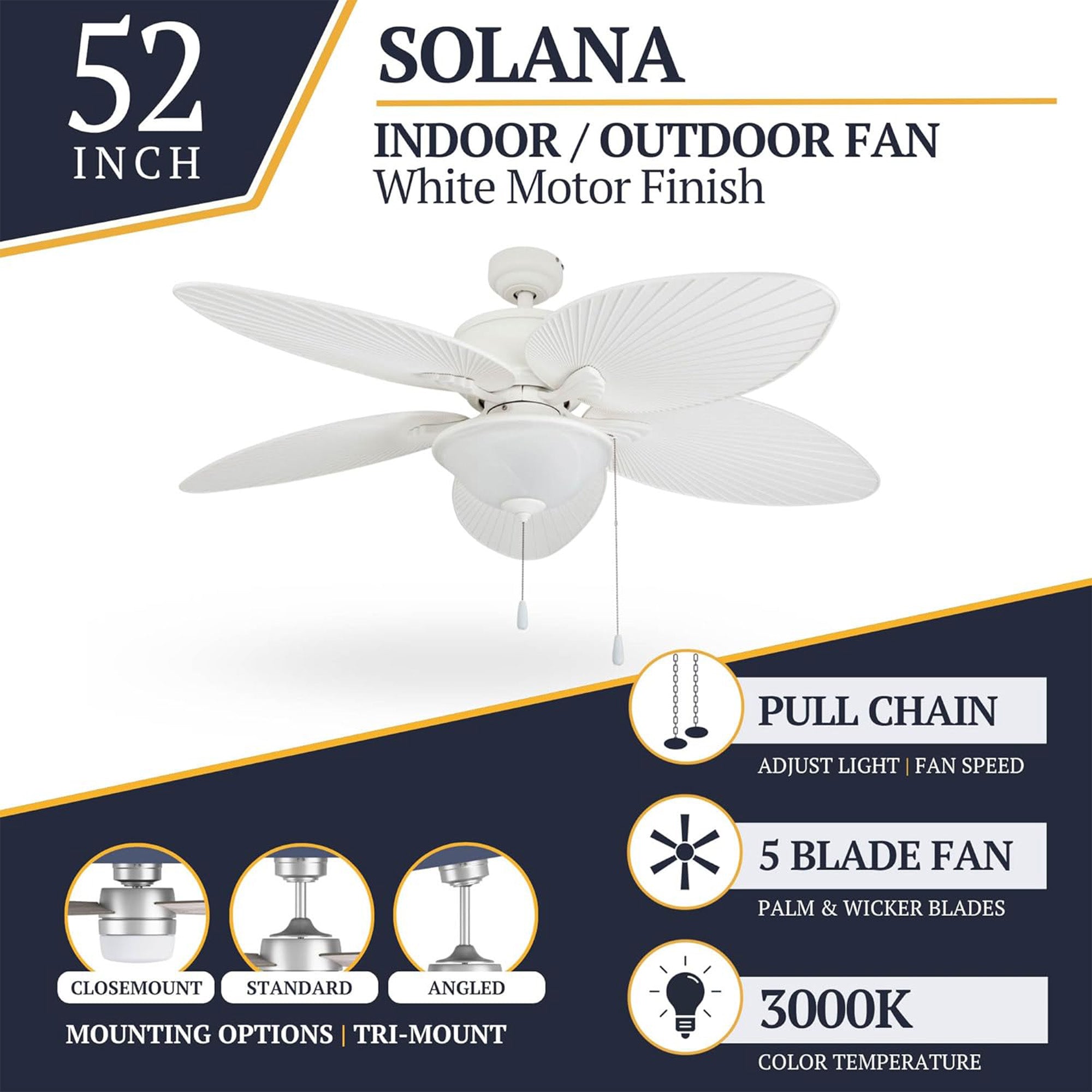 Prominence Home Solana 52" Tropical Ceiling Fan with Light and Pull Chain, White - VMInnovations