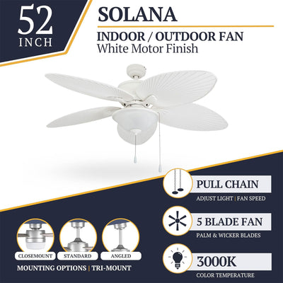 Prominence Home Solana 52" Tropical Ceiling Fan with Light and Pull Chain, White - VMInnovations
