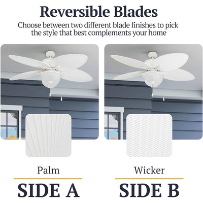 Prominence Home Solana 52" Tropical Ceiling Fan with Light and Pull Chain, White - VMInnovations