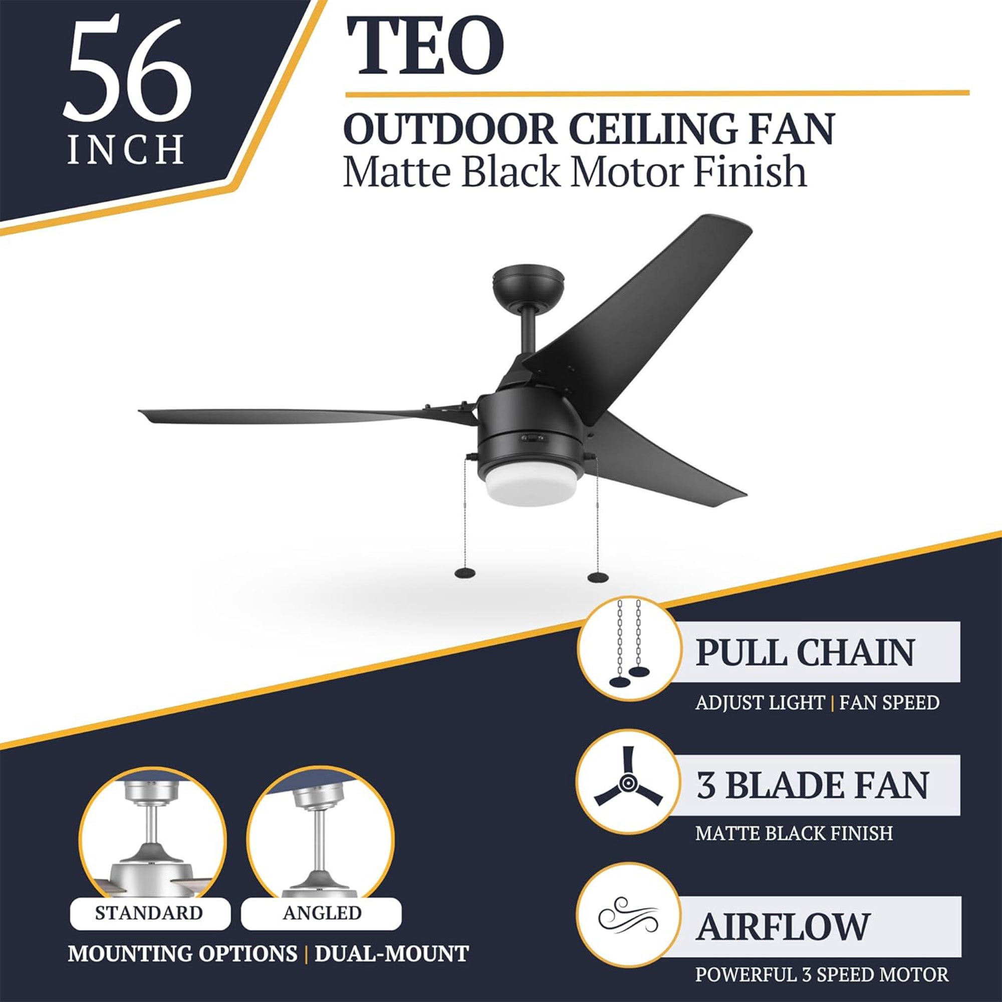 Prominence Home Teo 56 Inch Outdoor LED Ceiling Fan With Light, Matte Black - VMInnovations