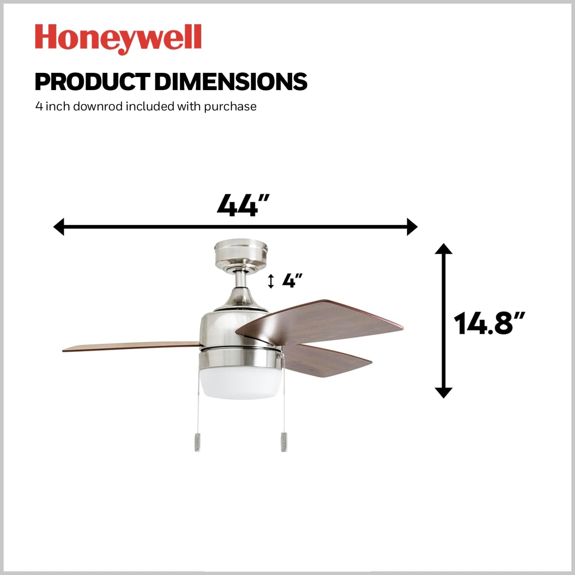 Honeywell Barcadero 44" Indoor LED Ceiling Fan with Pull Chain, Brushed Nickel - VMInnovations