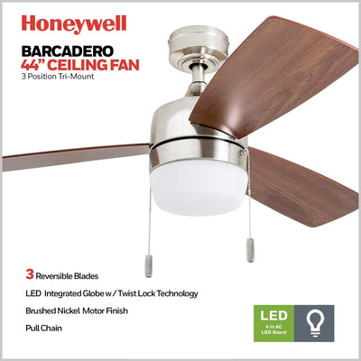 Honeywell Barcadero 44" Indoor LED Ceiling Fan with Pull Chain, Brushed Nickel - VMInnovations
