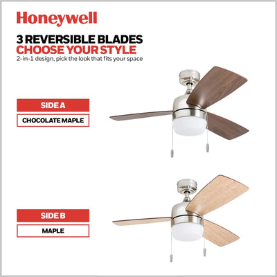 Honeywell Barcadero 44" Indoor LED Ceiling Fan with Pull Chain, Brushed Nickel - VMInnovations