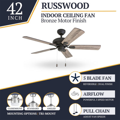 Honeywell Russwood 42" Indoor Ceiling Fan with Pull Chain, No Light, Bronze - VMInnovations