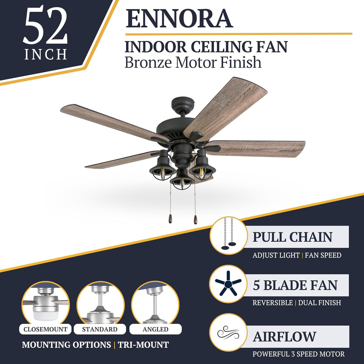 Prominence Home Ennora 52" Indoor Ceiling Fan with Light, Pull Chain, (Open Box)