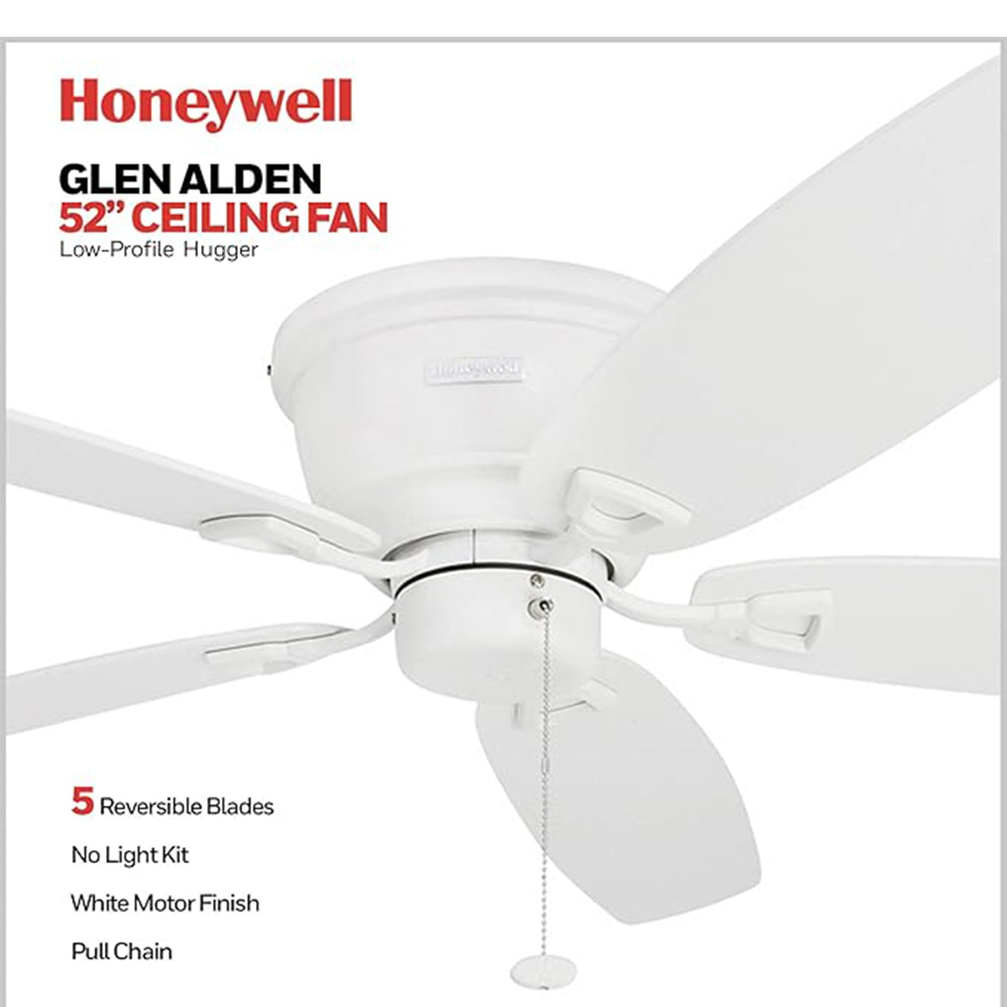 Honeywell Glen Alden 52" Indoor Ceiling Fan with Pull Chain, No Light, White