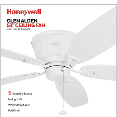 Honeywell Glen Alden 52" Indoor Ceiling Fan with Pull Chain, No Light, White