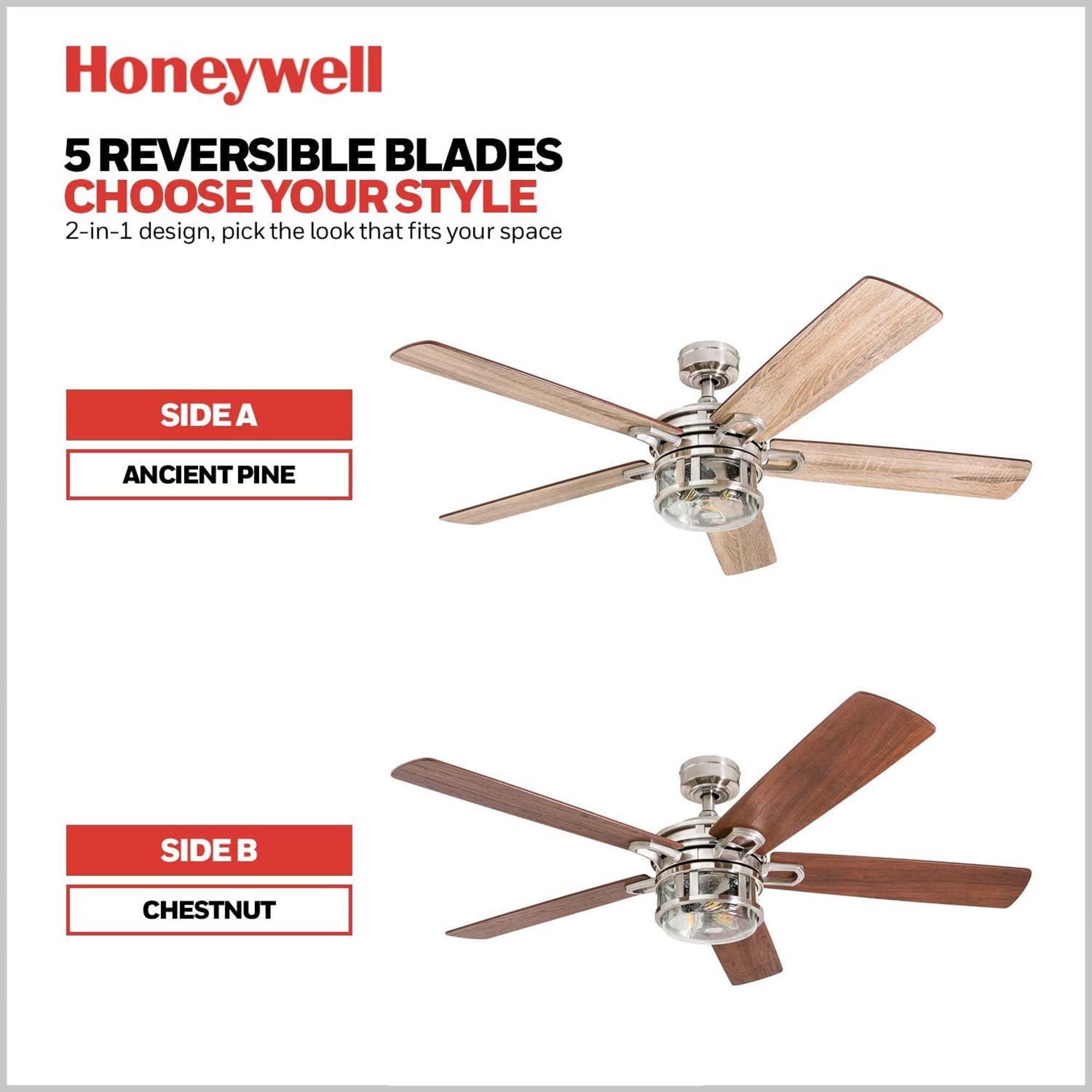 Honeywell Bonterra 52 Inch Ceiling Fan with LED Light & Remote, Brushed Nickel - VMInnovations