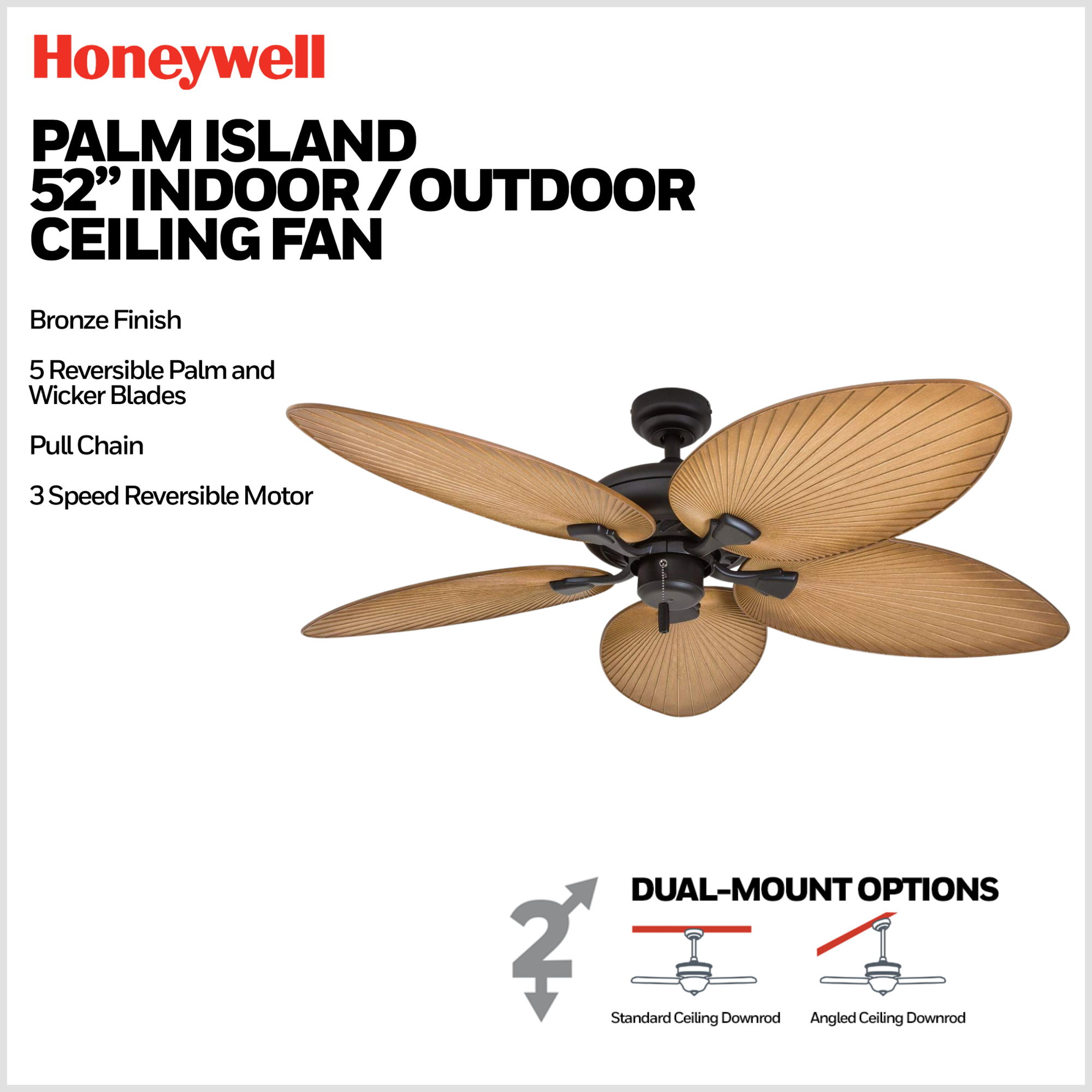 Honeywell Palm Island 52 Inch Indoor Outdoor Ceiling Fan w/Leaf Blades, (Used)