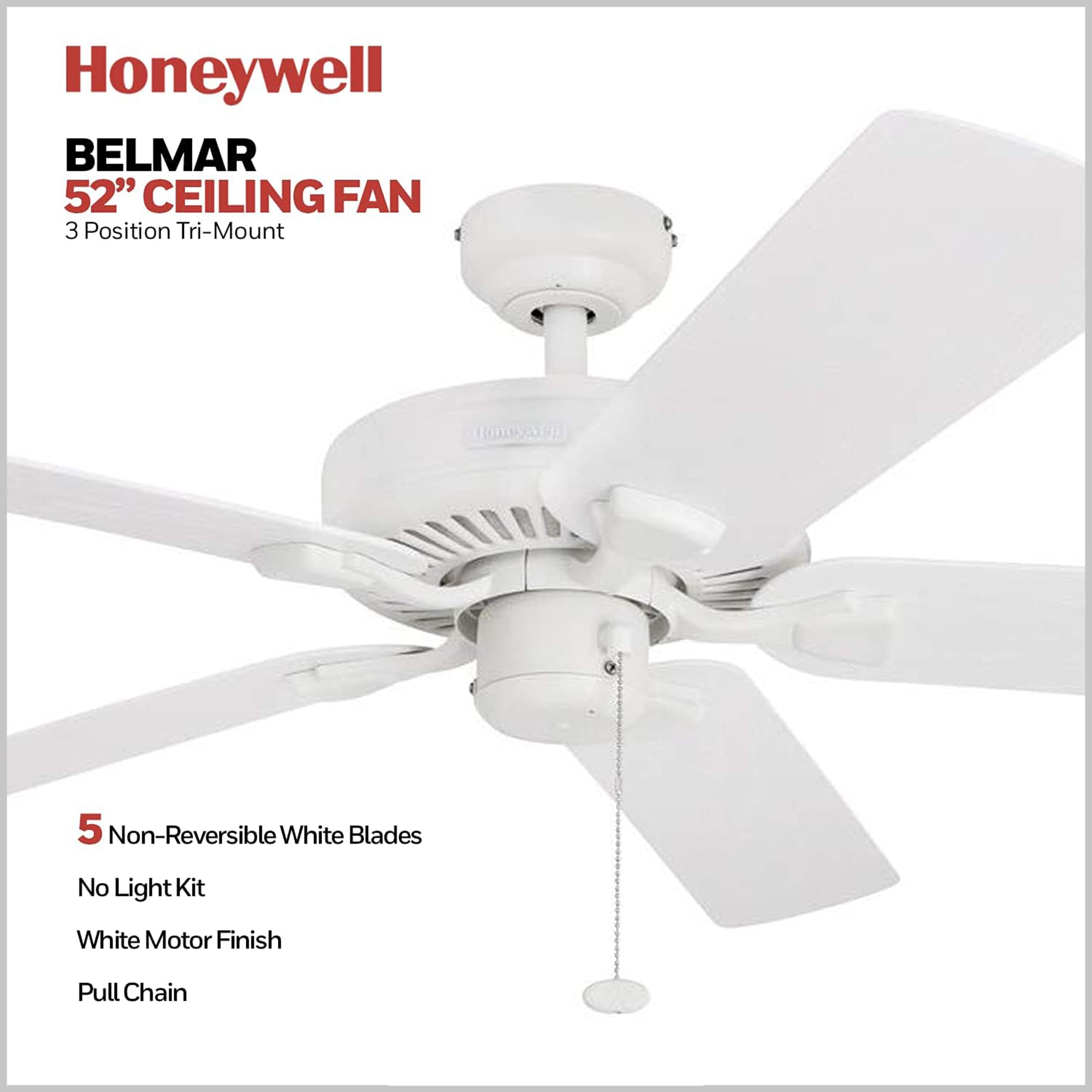 Honeywell Belmar 52-Inch Outdoor Ceiling Fan, Pull Chain, Tri-Mount, White - VMInnovations