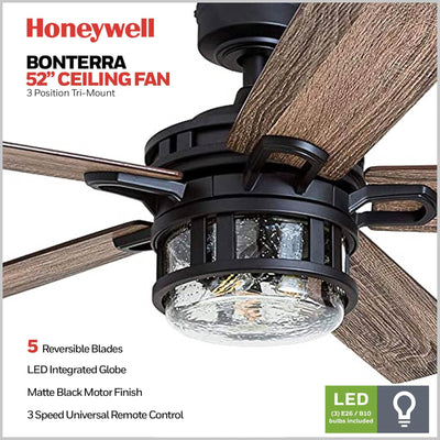 Honeywell Bonterra 52 Inch Ceiling Fan with LED Light & Remote, Matte Blk (Used)