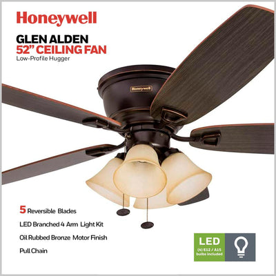 Honeywell Glen Alden 52" Indoor Ceiling Fan w/ Arm Light Kit, (Open Box)