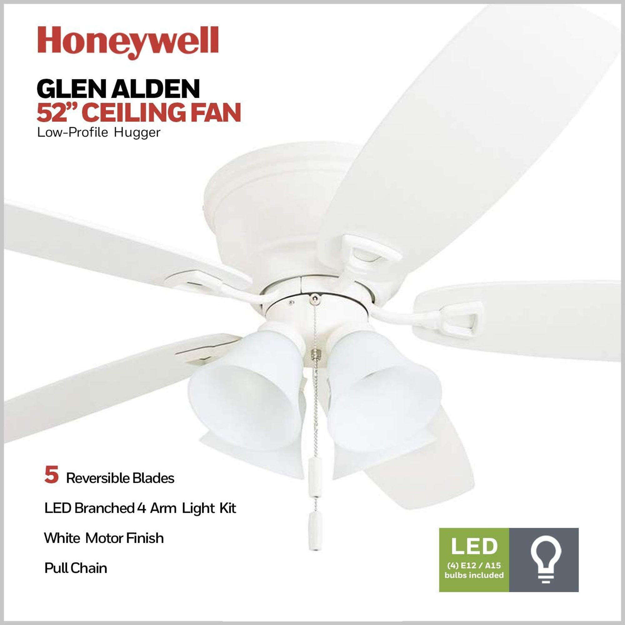 Honeywell Glen Alden 52 Inch Indoor Ceiling Fan with 4 Lights, Reversible, White - VMInnovations