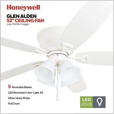 Honeywell Glen Alden 52 Inch Indoor Ceiling Fan with 4 Lights, Reversible, White - VMInnovations