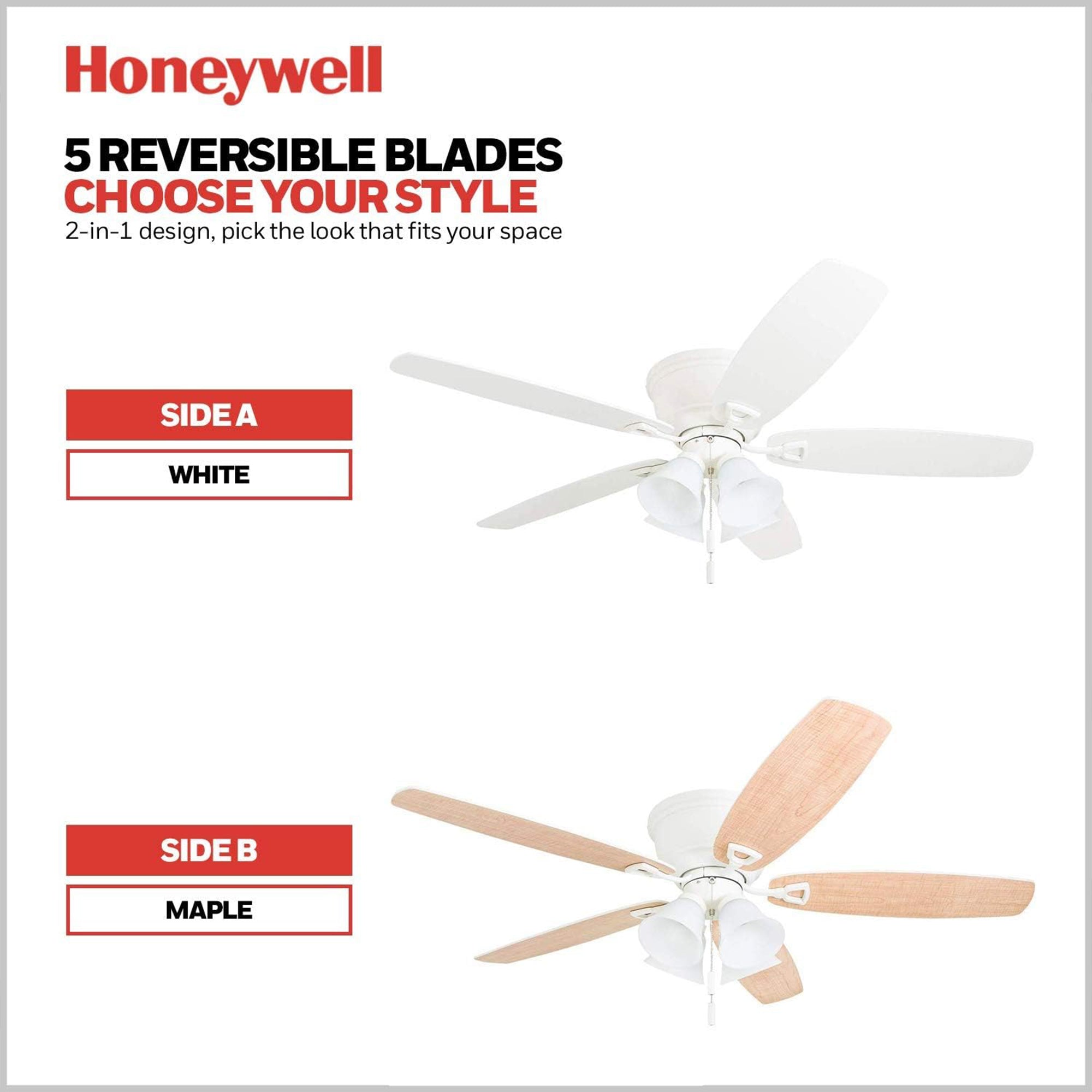 Honeywell Glen Alden 52 Inch Indoor Ceiling Fan with 4 Lights, Reversible, White - VMInnovations